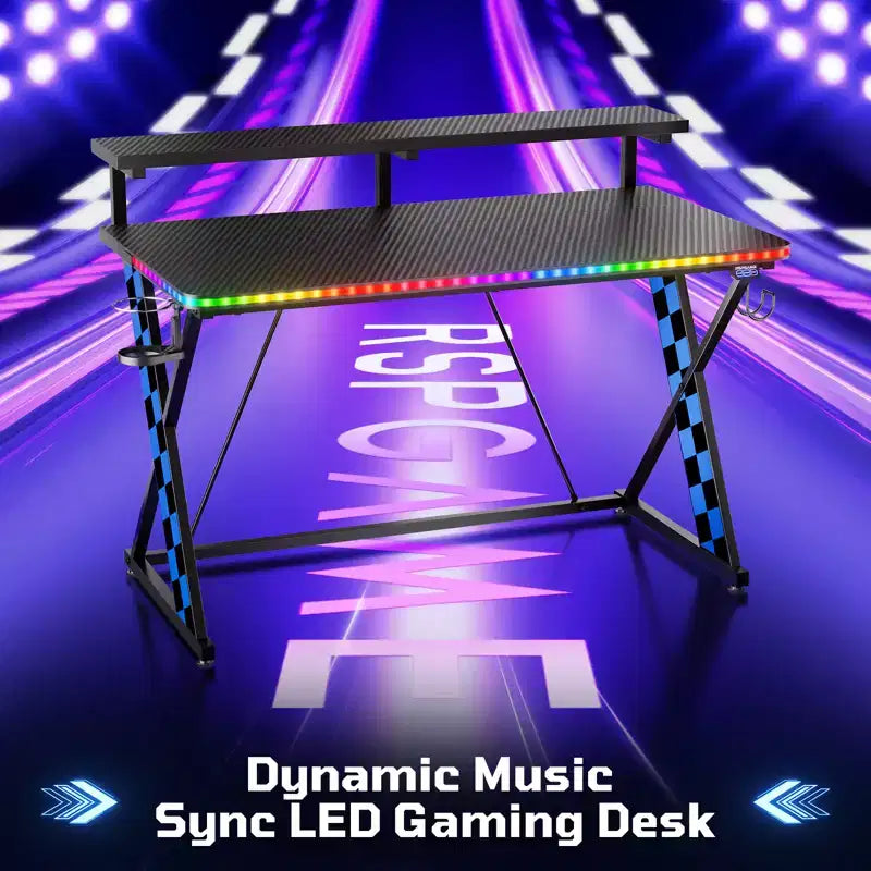 RSPGAME Basic 43 Bureau de jeu lumineux synchronisé avec la musique, support de moniteur ergonomique en forme de X, table de joueur, bureau d'ordinateur avec porte-gobelet et support de casque