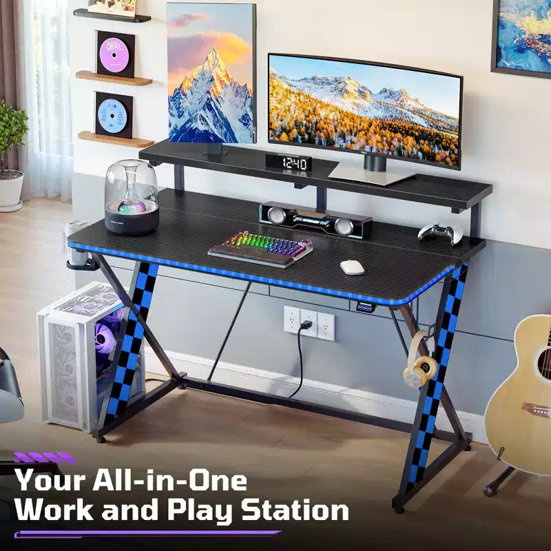 RSPGAME Basic 43 Bureau de jeu lumineux synchronisé avec la musique, support de moniteur ergonomique en forme de X, table de joueur, bureau d'ordinateur avec porte-gobelet et support de casque