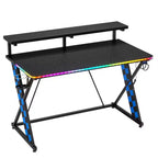 RSPGAME Basic 43 Bureau de jeu lumineux synchronisé avec la musique, support de moniteur ergonomique en forme de X, table de joueur, bureau d'ordinateur avec porte-gobelet et support de casque