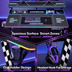 RSPGAME Basic 43 Bureau de jeu lumineux synchronisé avec la musique, support de moniteur ergonomique en forme de X, table de joueur, bureau d'ordinateur avec porte-gobelet et support de casque