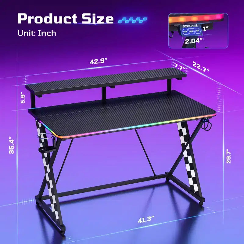 RSPGAME Basic 43 Bureau de jeu lumineux synchronisé avec la musique, support de moniteur ergonomique en forme de X, table de joueur, bureau d'ordinateur avec porte-gobelet et support de casque