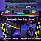 RSPGAME Basic 43 Bureau de jeu lumineux synchronisé avec la musique, support de moniteur ergonomique en forme de X, table de joueur, bureau d'ordinateur avec porte-gobelet et support de casque