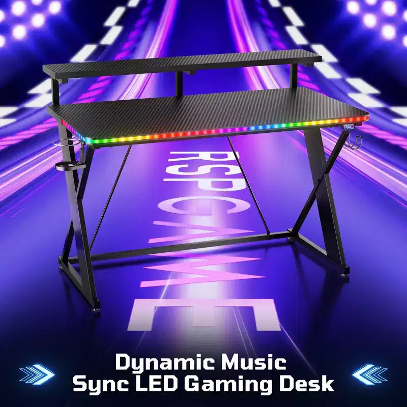 RSPGAME Basic 43 Bureau de jeu lumineux synchronisé avec la musique, support de moniteur ergonomique en forme de X, table de joueur, bureau d'ordinateur avec porte-gobelet et support de casque