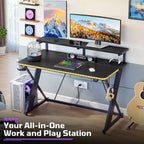 RSPGAME Basic 43 Bureau de jeu lumineux synchronisé avec la musique, support de moniteur ergonomique en forme de X, table de joueur, bureau d'ordinateur avec porte-gobelet et support de casque
