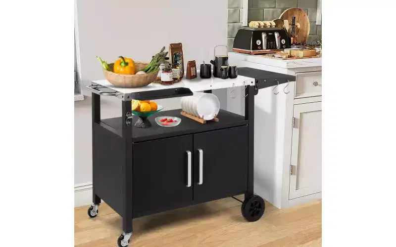 Chariot de barbecue roulant Karl Home Outdoor avec rangement, roues, crochets et plateau pliable