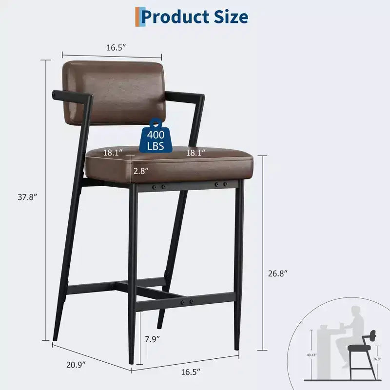 Lot de 2 tabourets de bar, chaises de bar hautes avec coussin épais et pieds en métal épais, tabourets de bar rembourrés hauteur comptoir avec dossier et repose-pieds