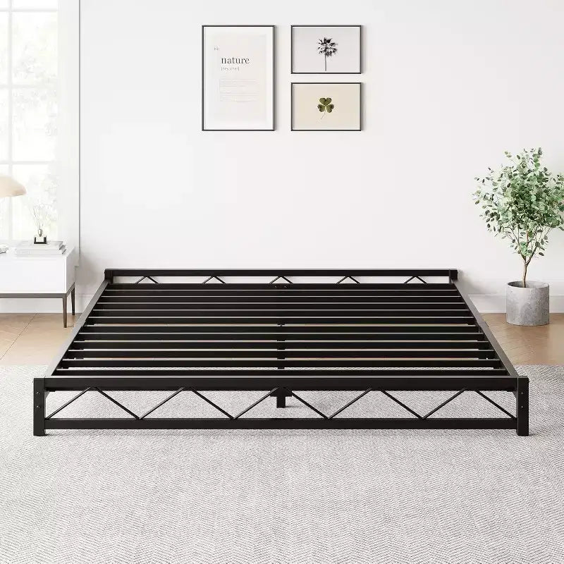 Cadre de lit plateforme en métal design vague avec lattes en acier, sommier bas, aucun sommier tapissier requis, assemblage facile pour petite chambre à coucher