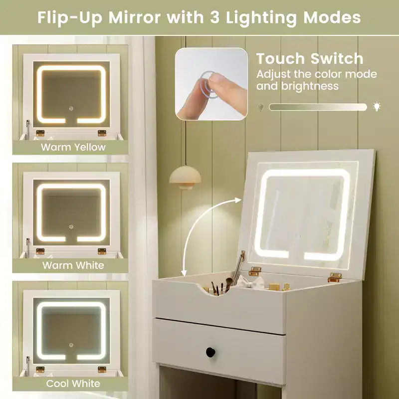 Costway Coiffeuse Ensemble Miroir LED Réglable à Rabattre Grand Rangement Roulettes Mobiles