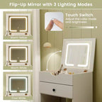 Costway Coiffeuse Ensemble Miroir LED Réglable à Rabattre Grand Rangement Roulettes Mobiles