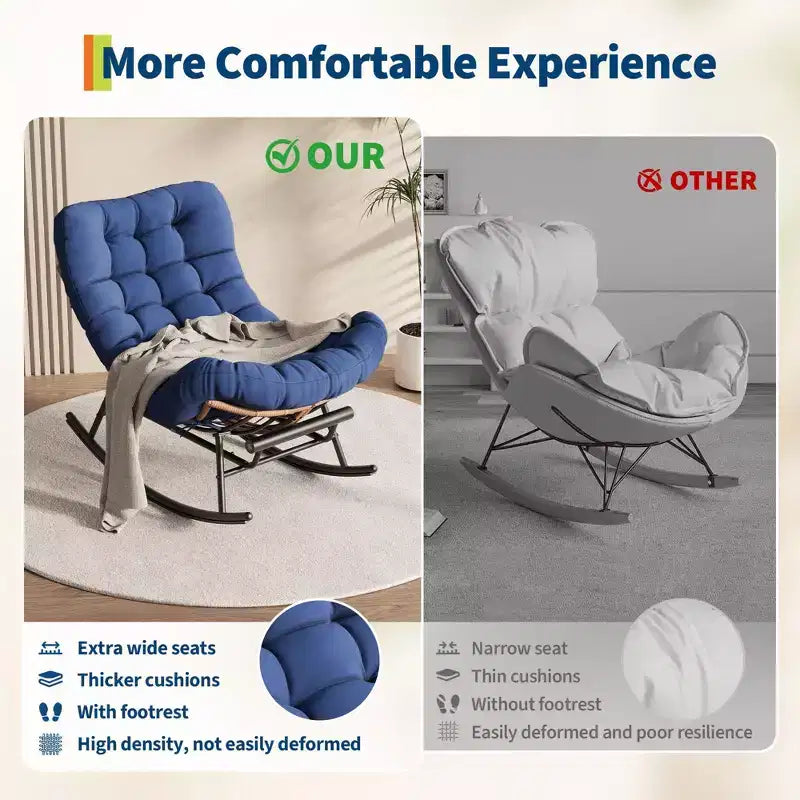 Fauteuil à bascule Papasan avec repose-pieds - Fauteuil de salon surdimensionné avec coussin amovible pour jardin, terrasse, salon, capacité de 160 kg