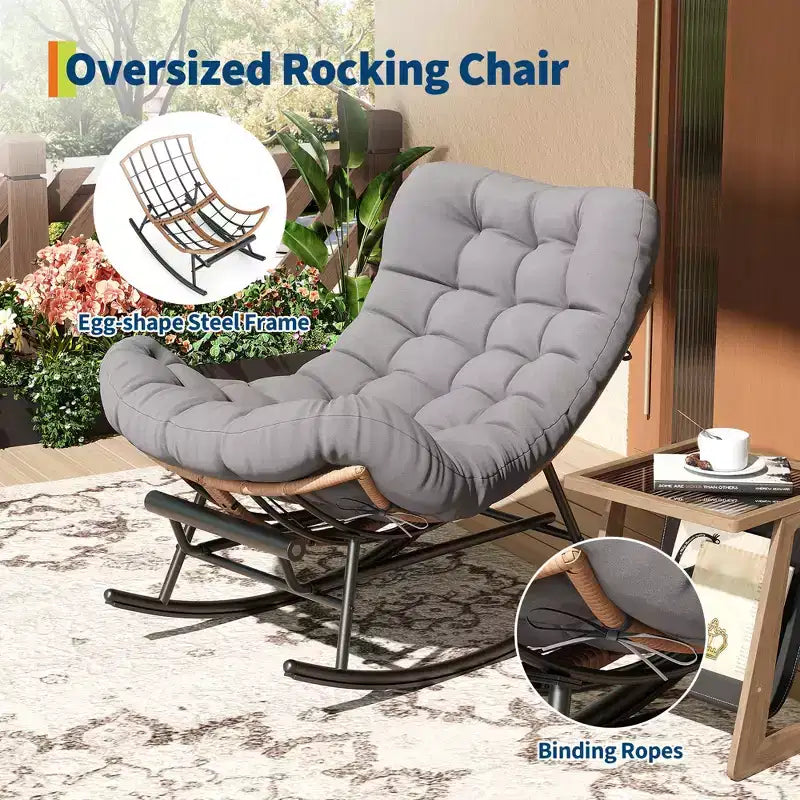 Fauteuil à bascule Papasan avec repose-pieds - Fauteuil de salon surdimensionné avec coussin amovible pour jardin, terrasse, salon, capacité de 160 kg