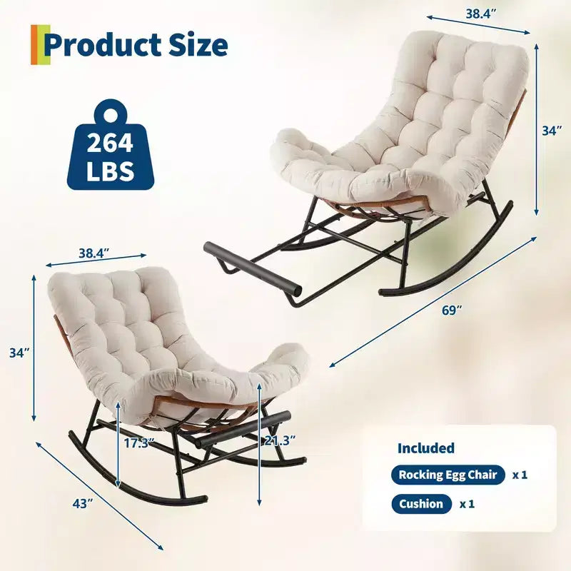 Fauteuil à bascule Papasan avec repose-pieds - Fauteuil de salon surdimensionné avec coussin amovible pour jardin, terrasse, salon, capacité de 160 kg