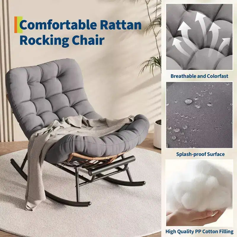 Fauteuil à bascule Papasan avec repose-pieds - Fauteuil de salon surdimensionné avec coussin amovible pour jardin, terrasse, salon, capacité de 160 kg