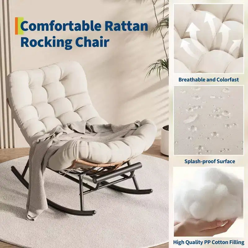 Fauteuil à bascule Papasan avec repose-pieds - Fauteuil de salon surdimensionné avec coussin amovible pour jardin, terrasse, salon, capacité de 160 kg