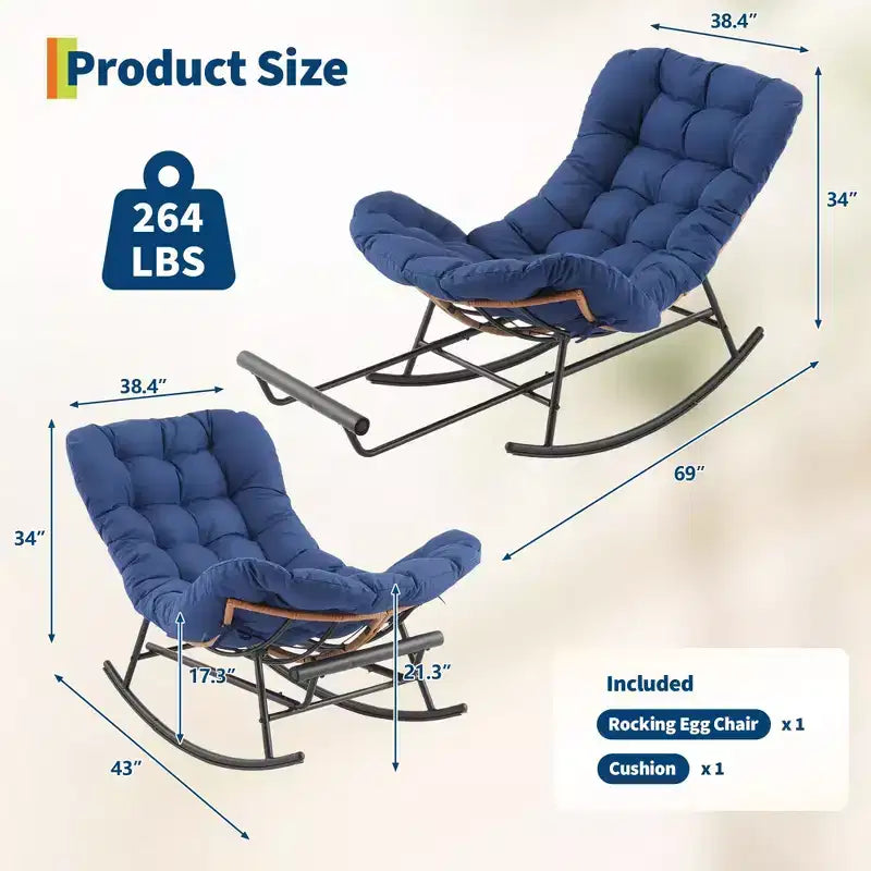 Fauteuil à bascule Papasan avec repose-pieds - Fauteuil de salon surdimensionné avec coussin amovible pour jardin, terrasse, salon, capacité de 160 kg