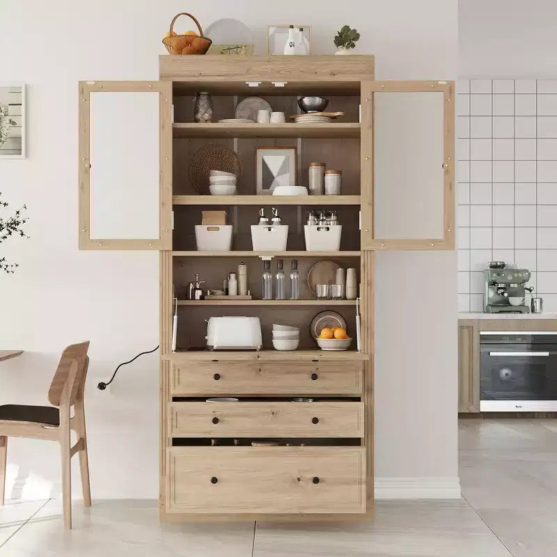 Whisen 78, Meuble de rangement de cuisine autoportant, Armoire haute avec étagères réglables, 3 tiroirs