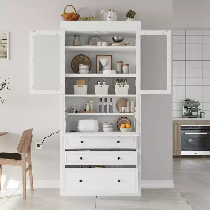Whisen 78, Meuble de rangement de cuisine autoportant, Armoire haute avec étagères réglables, 3 tiroirs