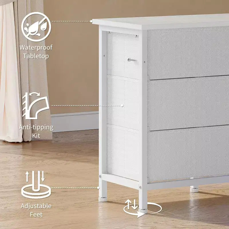 Meuble TV pour téléviseurs de 65, 70, 75 pouces, commode longue à 10 tiroirs avec prises de courant et lumières LED, meuble de divertissement de 63 pouces avec tiroirs de rangement