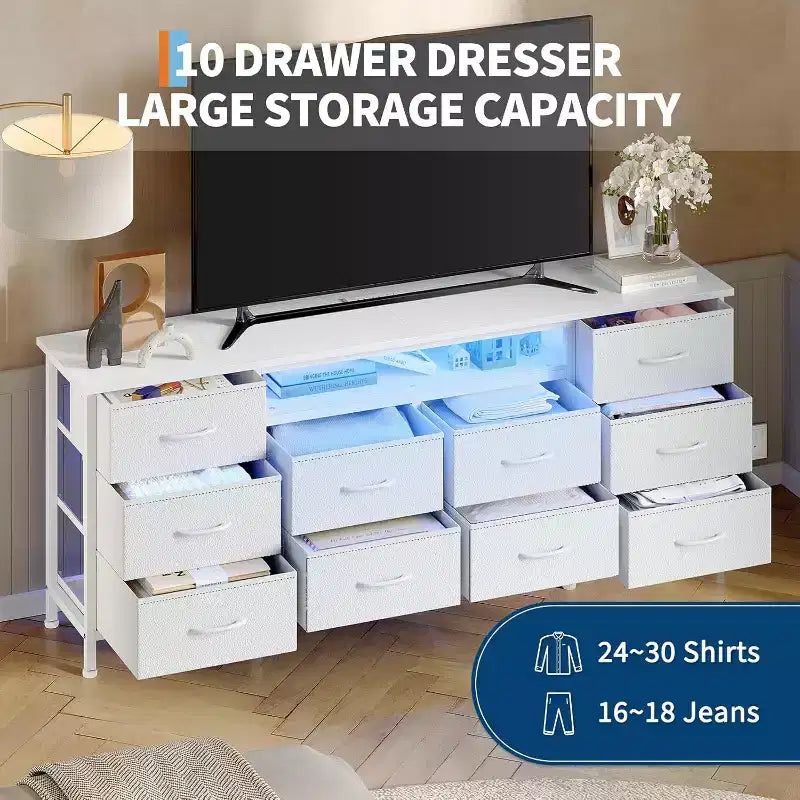 Meuble TV pour téléviseurs de 65, 70, 75 pouces, commode longue à 10 tiroirs avec prises de courant et lumières LED, meuble de divertissement de 63 pouces avec tiroirs de rangement