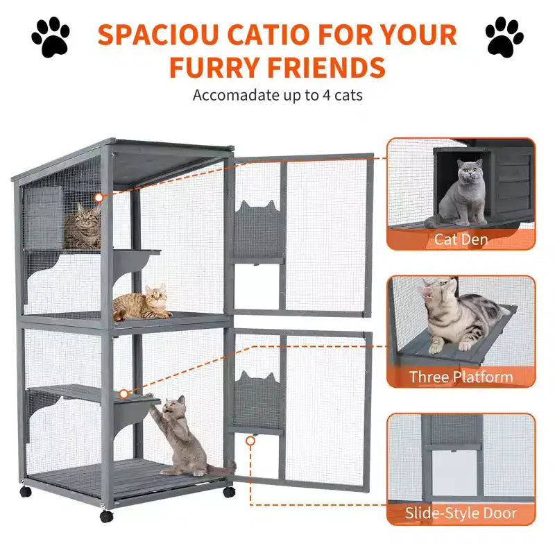 Enclos pour chat, Catio en bois 4 niveaux de 175 cm - Toit étanche 94x86x175cm Plateau amovible Roulettes verrouillables Accès multiples Intérieur/Extérieur