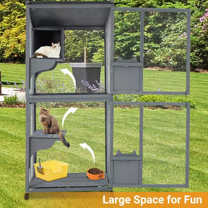 Enclos pour chat, Catio en bois 4 niveaux de 175 cm - Toit étanche 94x86x175cm Plateau amovible Roulettes verrouillables Accès multiples Intérieur/Extérieur
