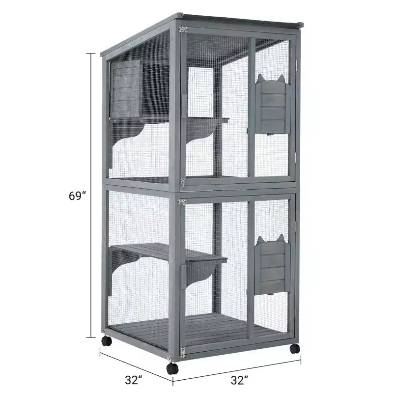 Enclos pour chat, Catio en bois 4 niveaux de 175 cm - Toit étanche 94x86x175cm Plateau amovible Roulettes verrouillables Accès multiples Intérieur/Extérieur