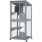 Enclos pour chat, Catio en bois 4 niveaux de 175 cm - Toit étanche 94x86x175cm Plateau amovible Roulettes verrouillables Accès multiples Intérieur/Extérieur