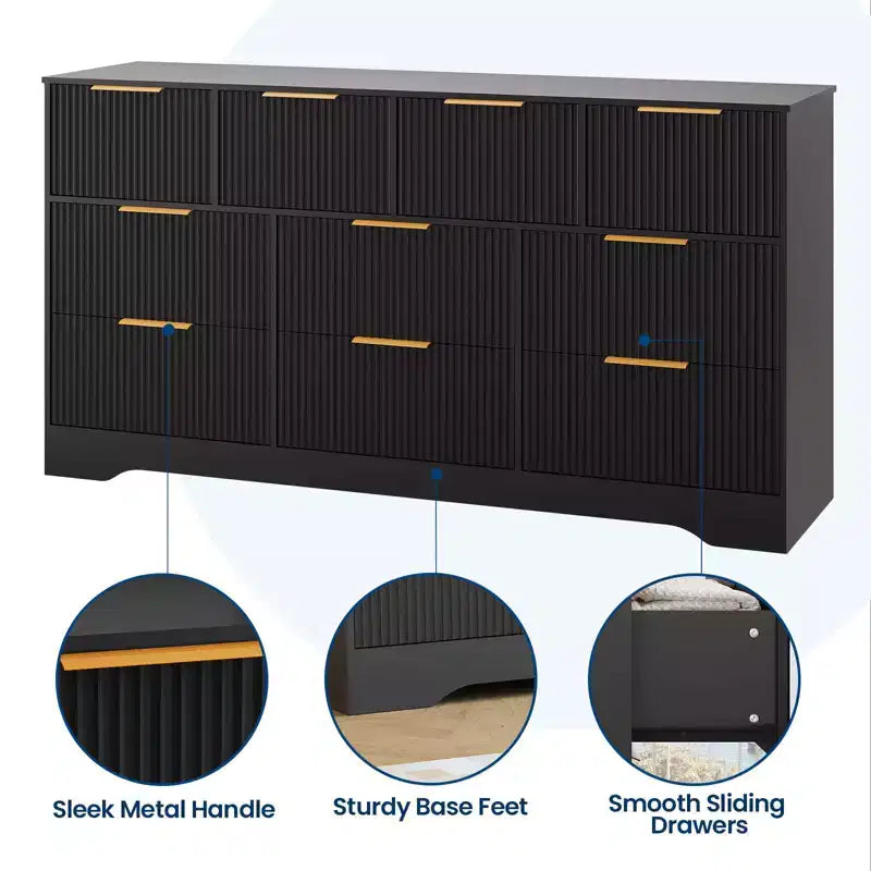 Commode cannelée pour chambre à coucher avec 10 tiroirs, commode moderne de 150 cm de large, meuble TV et placard en bois pour salon et couloir