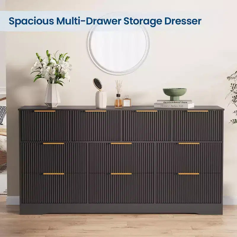 Commode cannelée pour chambre à coucher avec 10 tiroirs, commode moderne de 150 cm de large, meuble TV et placard en bois pour salon et couloir