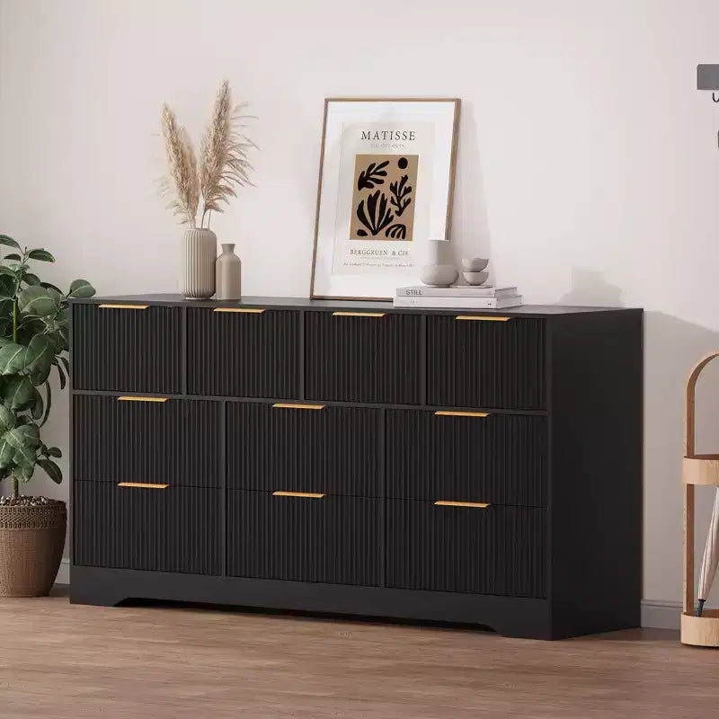 Commode cannelée pour chambre à coucher avec 10 tiroirs, commode moderne de 150 cm de large, meuble TV et placard en bois pour salon et couloir