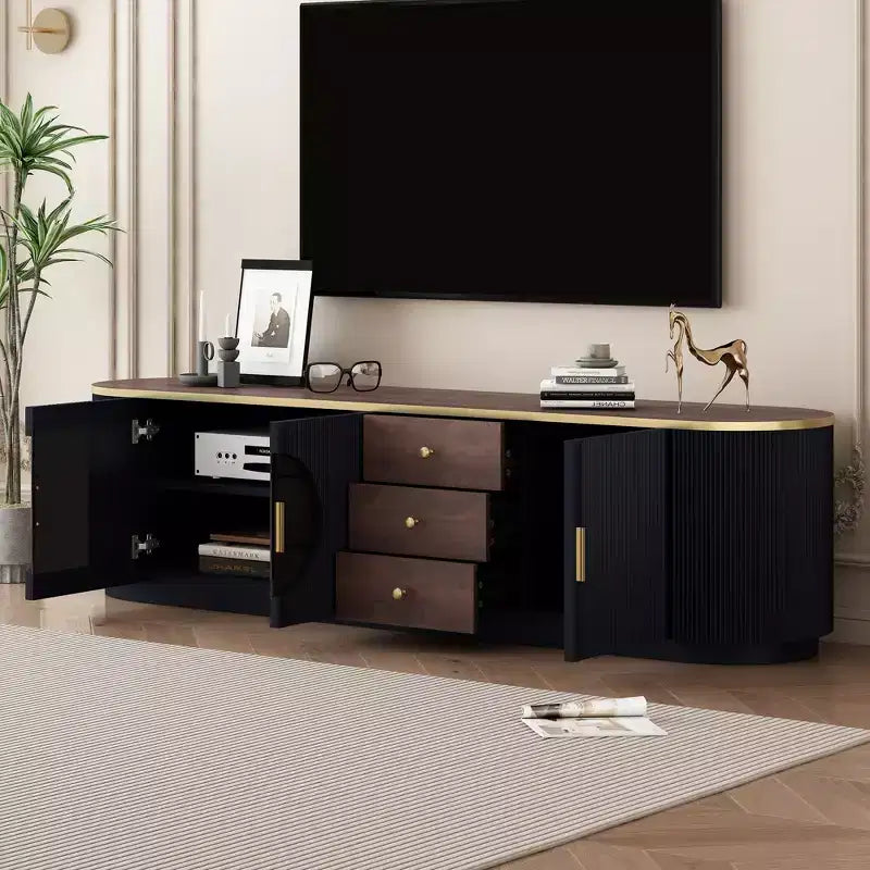 Meuble TV moderne avec tiroirs pour téléviseur de 80 pouces, meuble de rangement TV avec étagère, console multimédia avec placards et poignées en métal