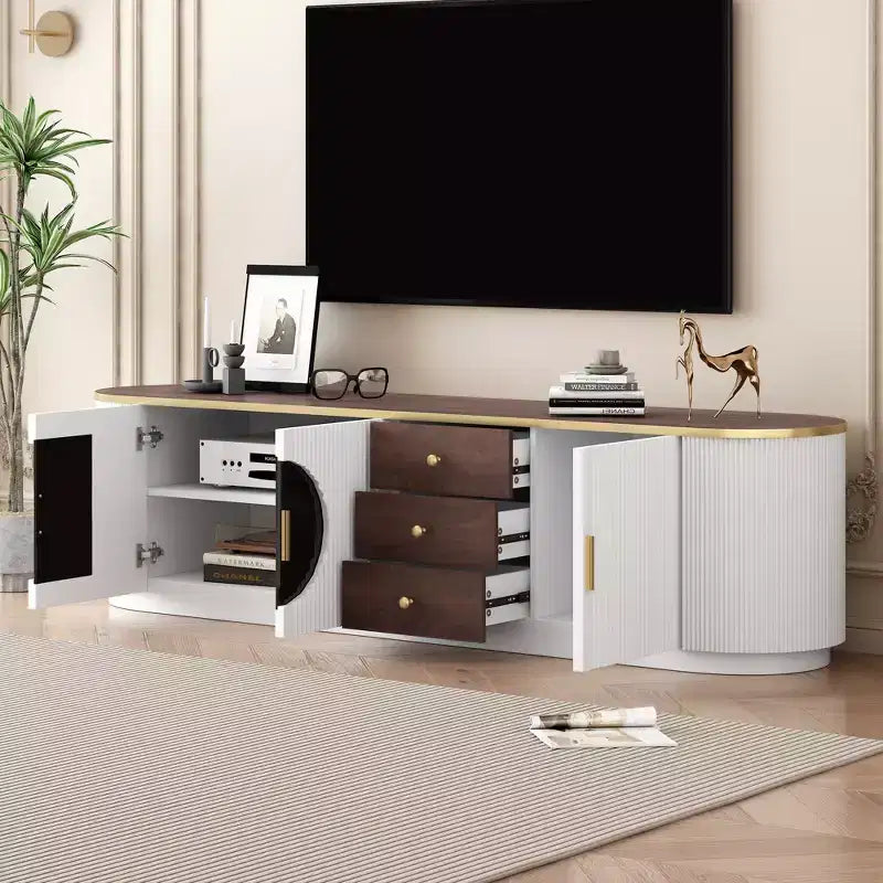 Meuble TV moderne avec tiroirs pour téléviseur de 80 pouces, meuble de rangement TV avec étagère, console multimédia avec placards et poignées en métal