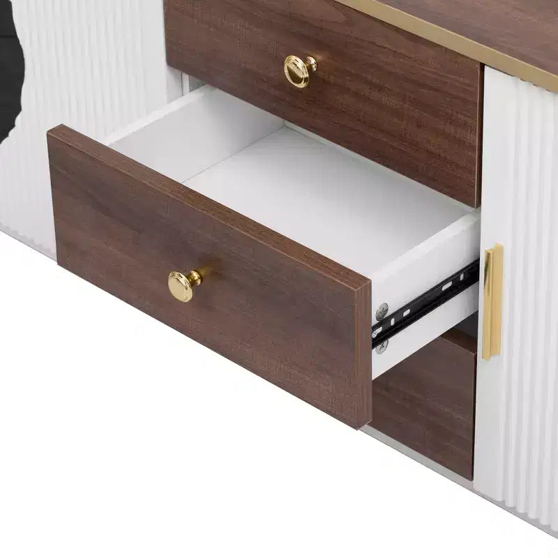 Meuble TV moderne avec tiroirs pour téléviseur de 80 pouces, meuble de rangement TV avec étagère, console multimédia avec placards et poignées en métal