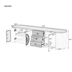 Meuble TV moderne avec tiroirs pour téléviseur de 80 pouces, meuble de rangement TV avec étagère, console multimédia avec placards et poignées en métal