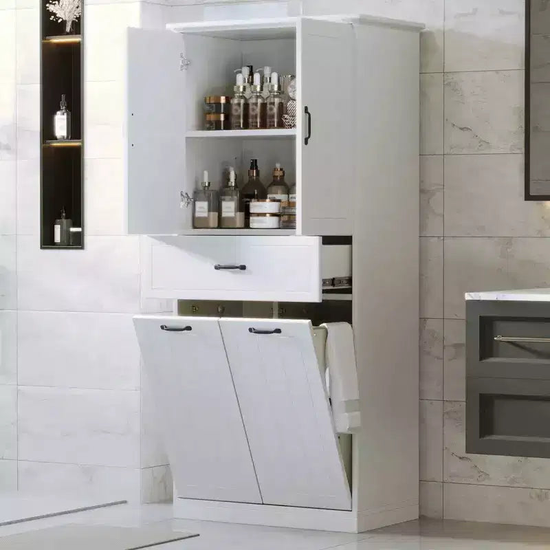 Meuble de rangement haut de salle de bain de 165 cm, avec double panier à linge basculant caché, meuble de rangement autonome pour salle de bain, cuisine, salon