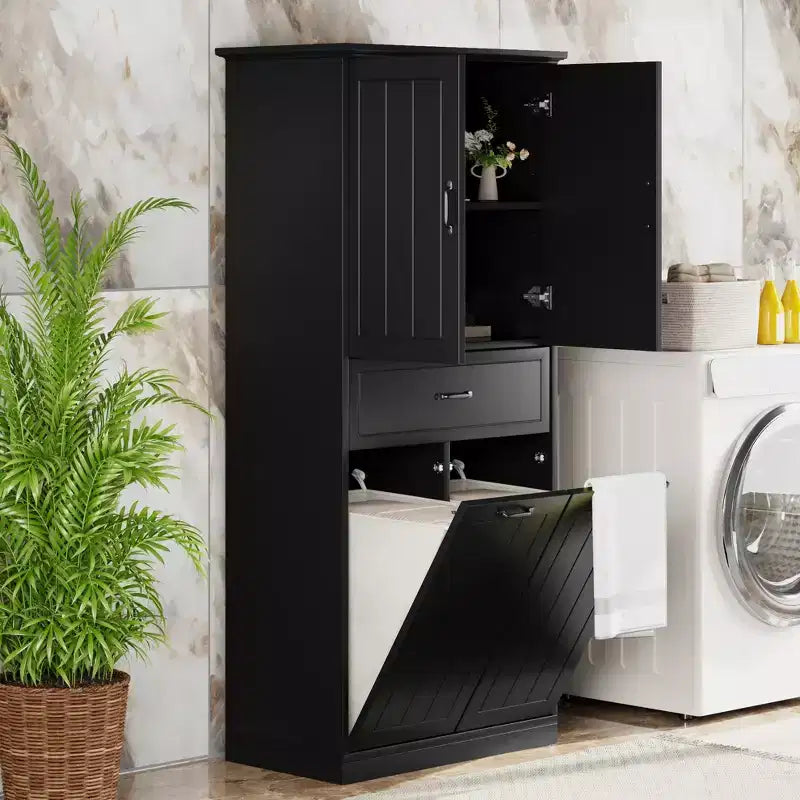 Meuble de rangement haut de salle de bain de 165 cm, avec double panier à linge basculant caché, meuble de rangement autonome pour salle de bain, cuisine, salon
