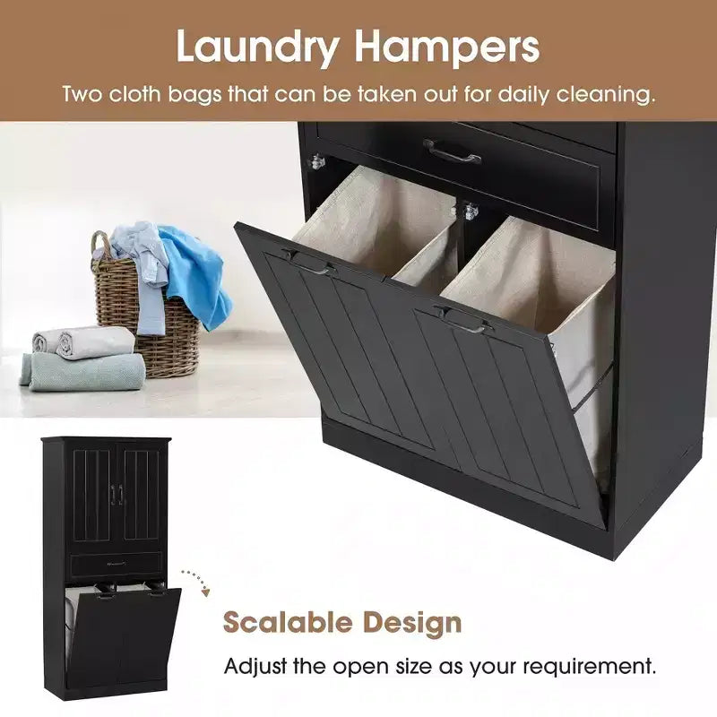 Meuble de rangement haut de salle de bain de 165 cm, avec double panier à linge basculant caché, meuble de rangement autonome pour salle de bain, cuisine, salon