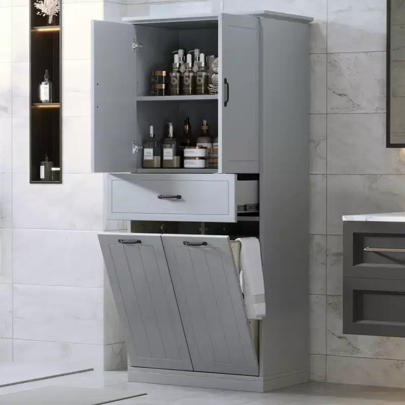 Meuble de rangement haut de salle de bain de 165 cm, avec double panier à linge basculant caché, meuble de rangement autonome pour salle de bain, cuisine, salon