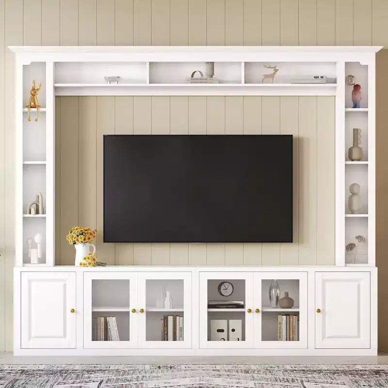 Meuble TV Mural Moderne 4 Pièces, Meuble Console Multimédia avec Bibliothèques et Étagères, Grand Meuble TV avec Porte en Verre Trempé pour TV 80"