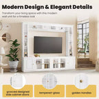 Meuble TV Mural Moderne 4 Pièces, Meuble Console Multimédia avec Bibliothèques et Étagères, Grand Meuble TV avec Porte en Verre Trempé pour TV 80"