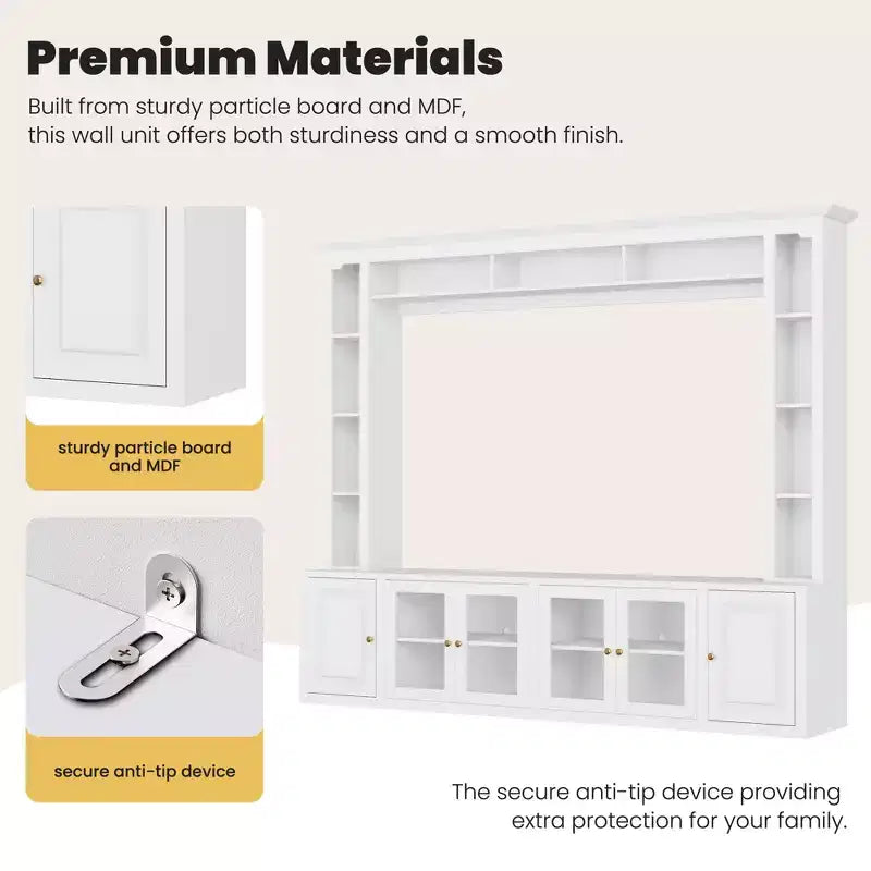 Meuble TV Mural Moderne 4 Pièces, Meuble Console Multimédia avec Bibliothèques et Étagères, Grand Meuble TV avec Porte en Verre Trempé pour TV 80"