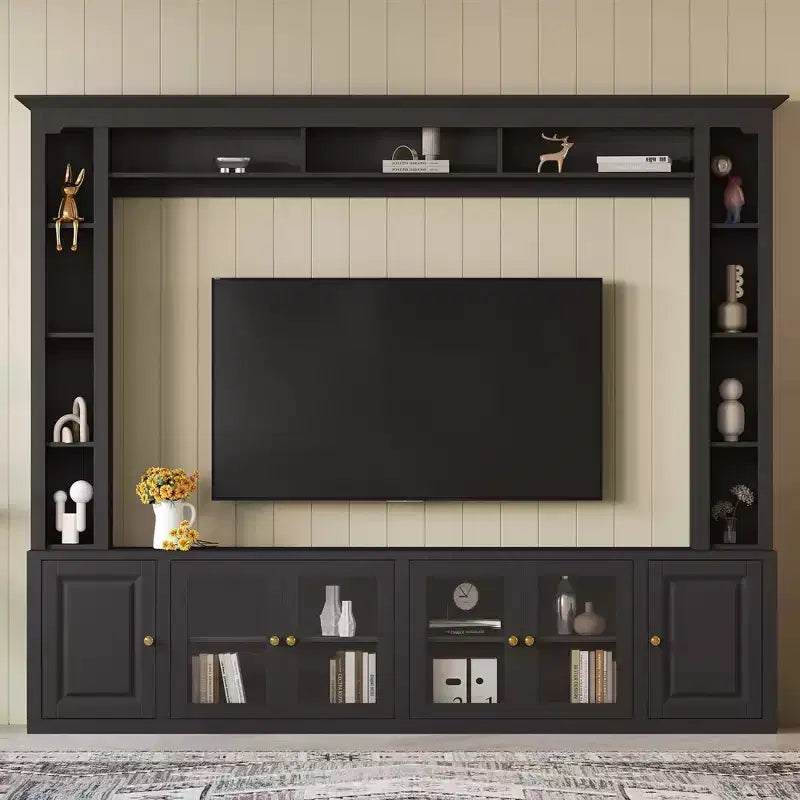 Meuble TV Mural Moderne 4 Pièces, Meuble Console Multimédia avec Bibliothèques et Étagères, Grand Meuble TV avec Porte en Verre Trempé pour TV 80"