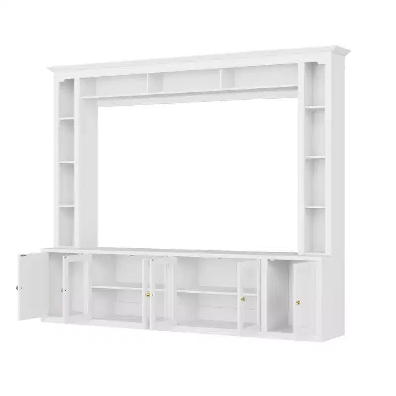 Meuble TV Mural Moderne 4 Pièces, Meuble Console Multimédia avec Bibliothèques et Étagères, Grand Meuble TV avec Porte en Verre Trempé pour TV 80"