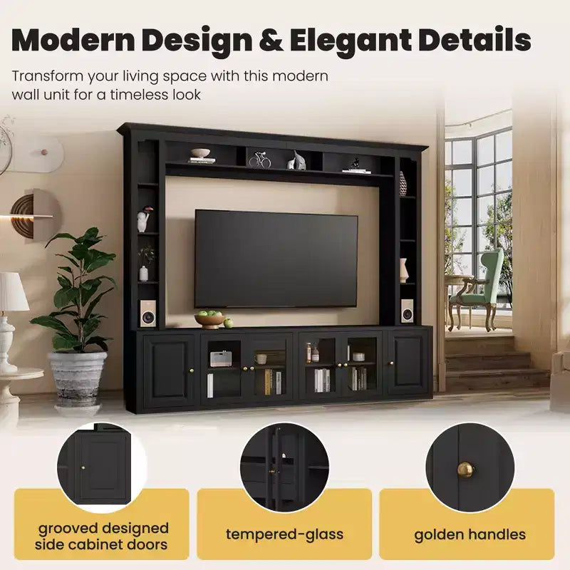 Meuble TV Mural Moderne 4 Pièces, Meuble Console Multimédia avec Bibliothèques et Étagères, Grand Meuble TV avec Porte en Verre Trempé pour TV 80"