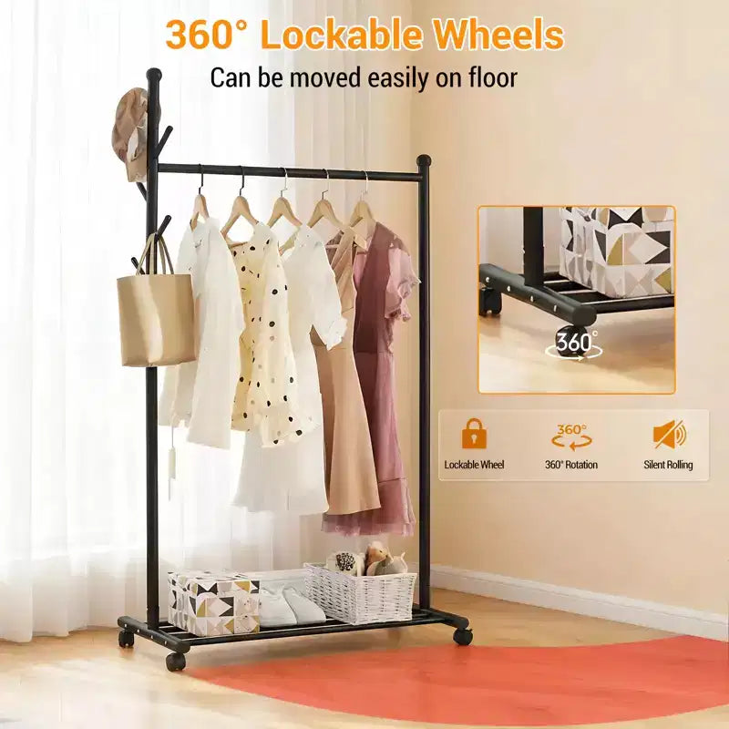 Porte-manteau métallique à roulettes, Portant à vêtements mobile à roulettes, Porte-manteau autoportant pour coin de chambre, couloir, entrée, salon