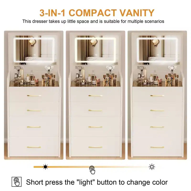 Coiffeuse Okak 3-EN-1 avec miroir rabattable, Coiffeuse compacte avec 3 tiroirs et tabouret rembourré, Table de maquillage pour chambre à coucher, salon, blanc