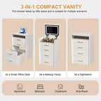 Coiffeuse Okak 3-EN-1 avec miroir rabattable, Coiffeuse compacte avec 3 tiroirs et tabouret rembourré, Table de maquillage pour chambre à coucher, salon, blanc