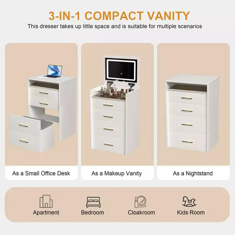 Coiffeuse Okak 3-EN-1 avec miroir rabattable, Coiffeuse compacte avec 3 tiroirs et tabouret rembourré, Table de maquillage pour chambre à coucher, salon, blanc