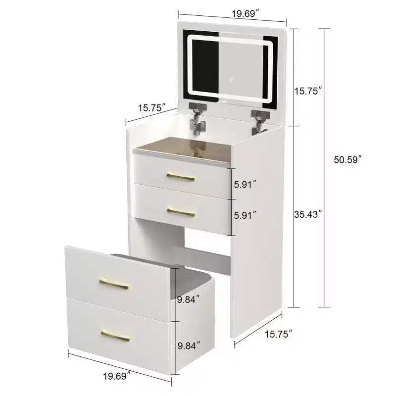 Coiffeuse Okak 3-EN-1 avec miroir rabattable, Coiffeuse compacte avec 3 tiroirs et tabouret rembourré, Table de maquillage pour chambre à coucher, salon, blanc