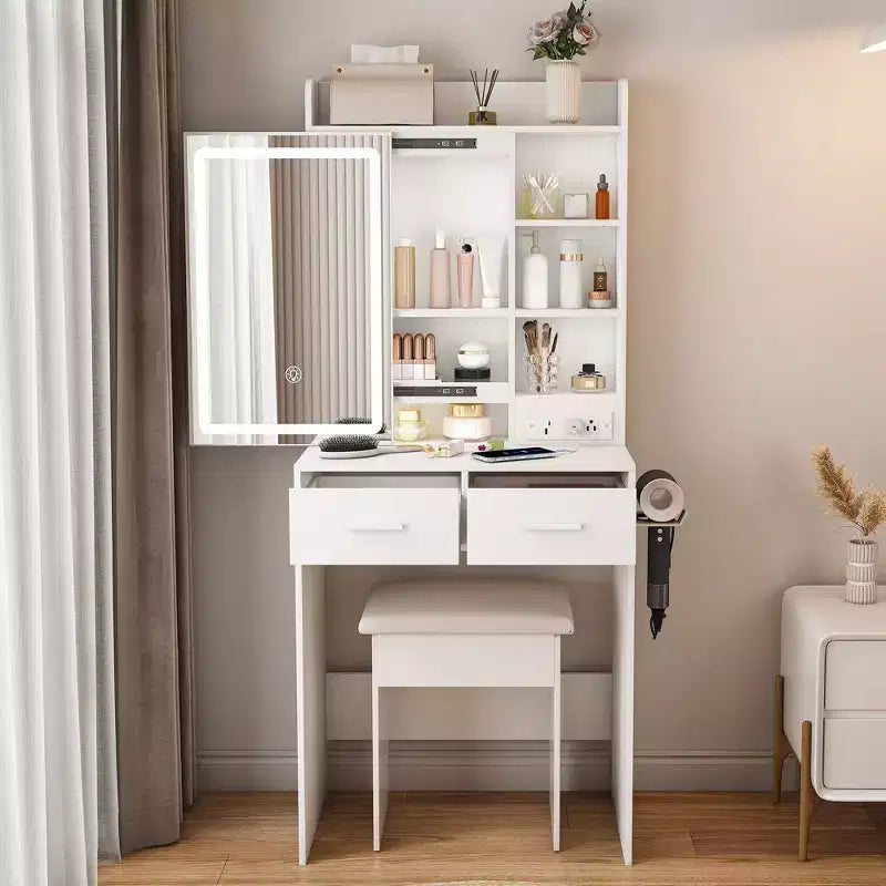 Coiffeuse compacte Okak avec miroir réglable, coiffeuse avec prise de courant intégrée et tabouret rembourré, coiffeuse pour filles pour chambre à coucher, blanc